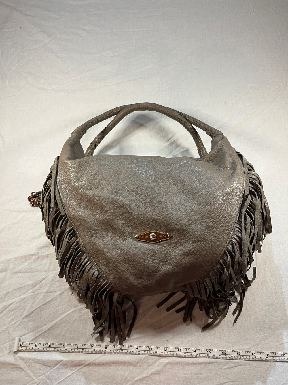 Elliott Lucca Gray Leather Fringe Hobo Shoulder Bag Braided Strap Slouchy Boho - Picture 6 of 11